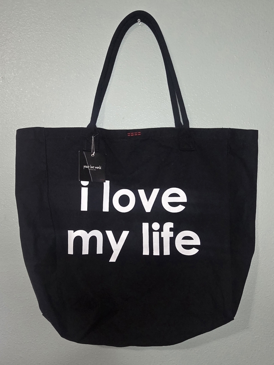 Peace Love World Handbags - Peace Love World Black Canvas Tote with White 'I Love My Life' Print